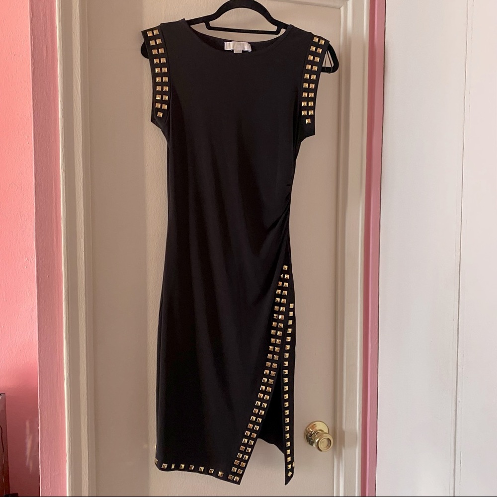 MICHAEL Michael Kors Black Body Con Pencil Dress with Gold Studs and Slit